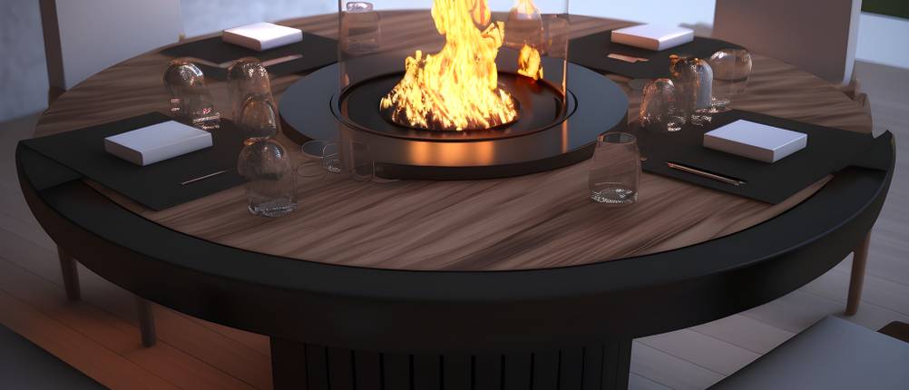 Table ronde en bois avec une cheminée de table au centre